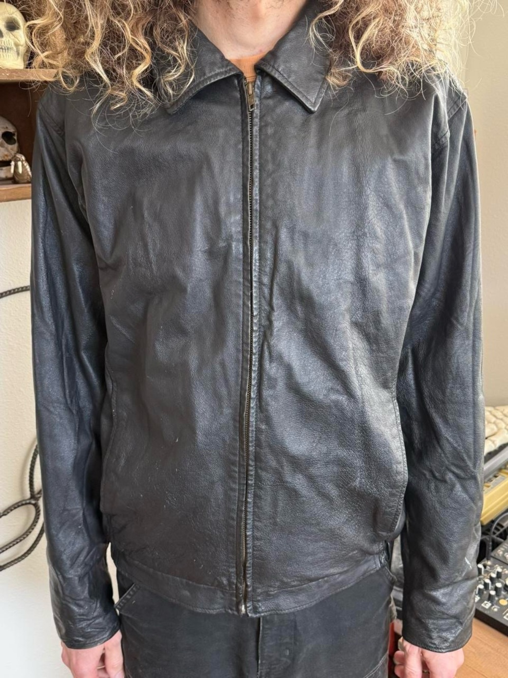 Vintage 90s Excelled Black Zip Front Leather Jacket Grunge ~ Size Large